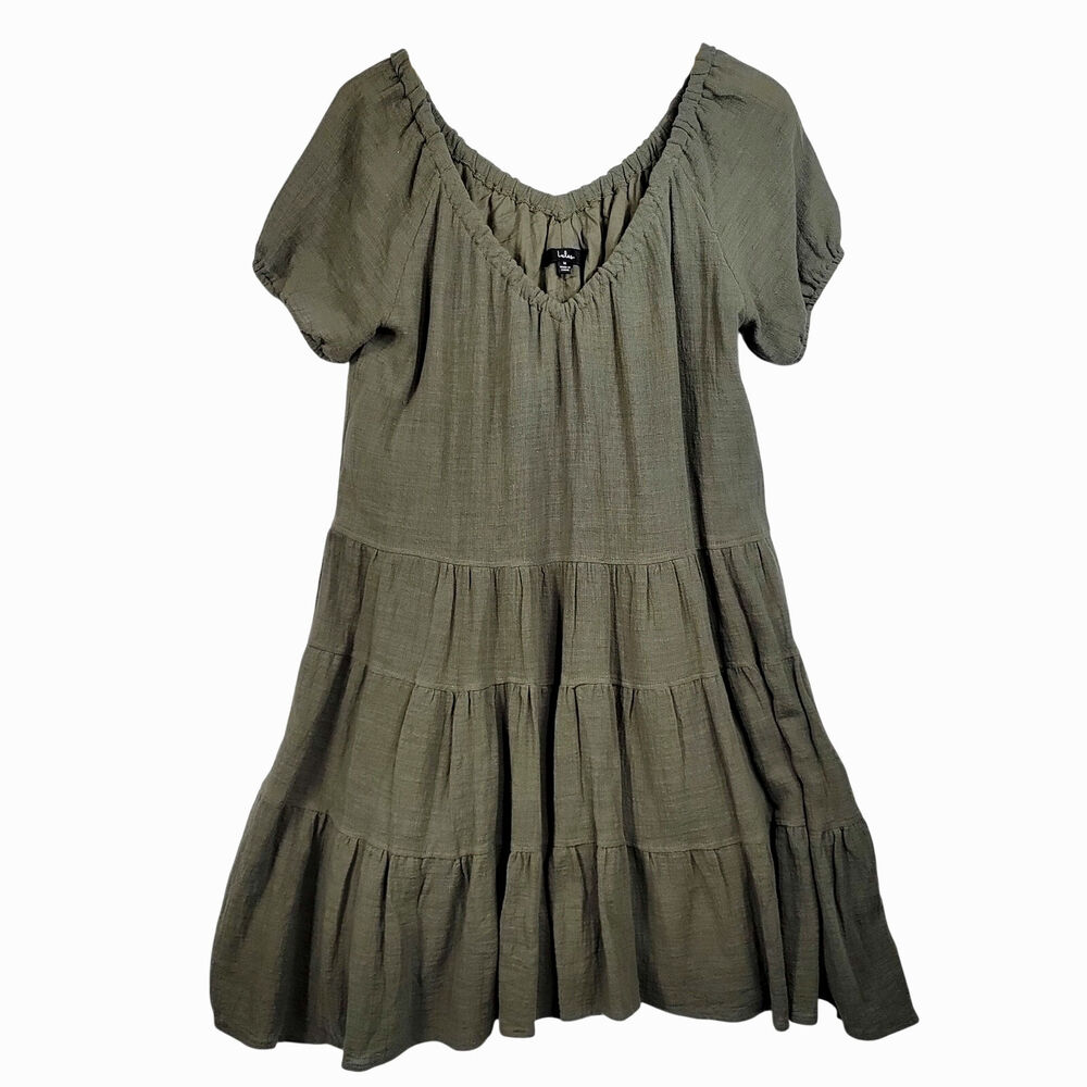 Lulus Forever a Favorite Olive Green Short Sleeve Tiered Mini Dress Size M